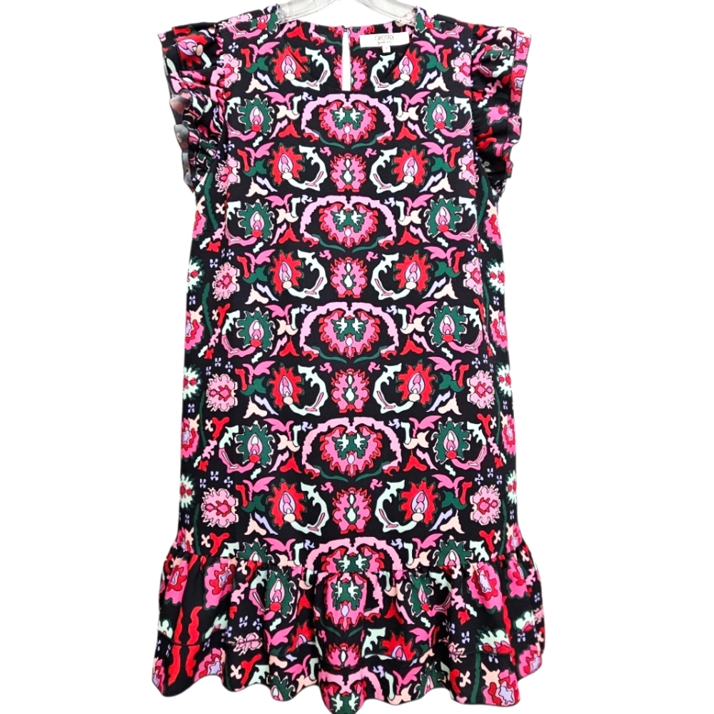 Nwot Crosby By Mollie Burch Black/Pink Print Cap Sleeve Ruffle Hem Shift Dress